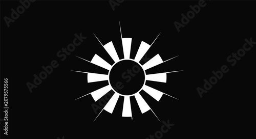 Abstract geometric white sun emblem with sharp symmetric rays on a solid black background creating high contrast.