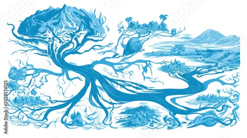 Concept of Vagus Nerve Represented as a River System With Brain as Source and Organs as River Towns in Abstract Style