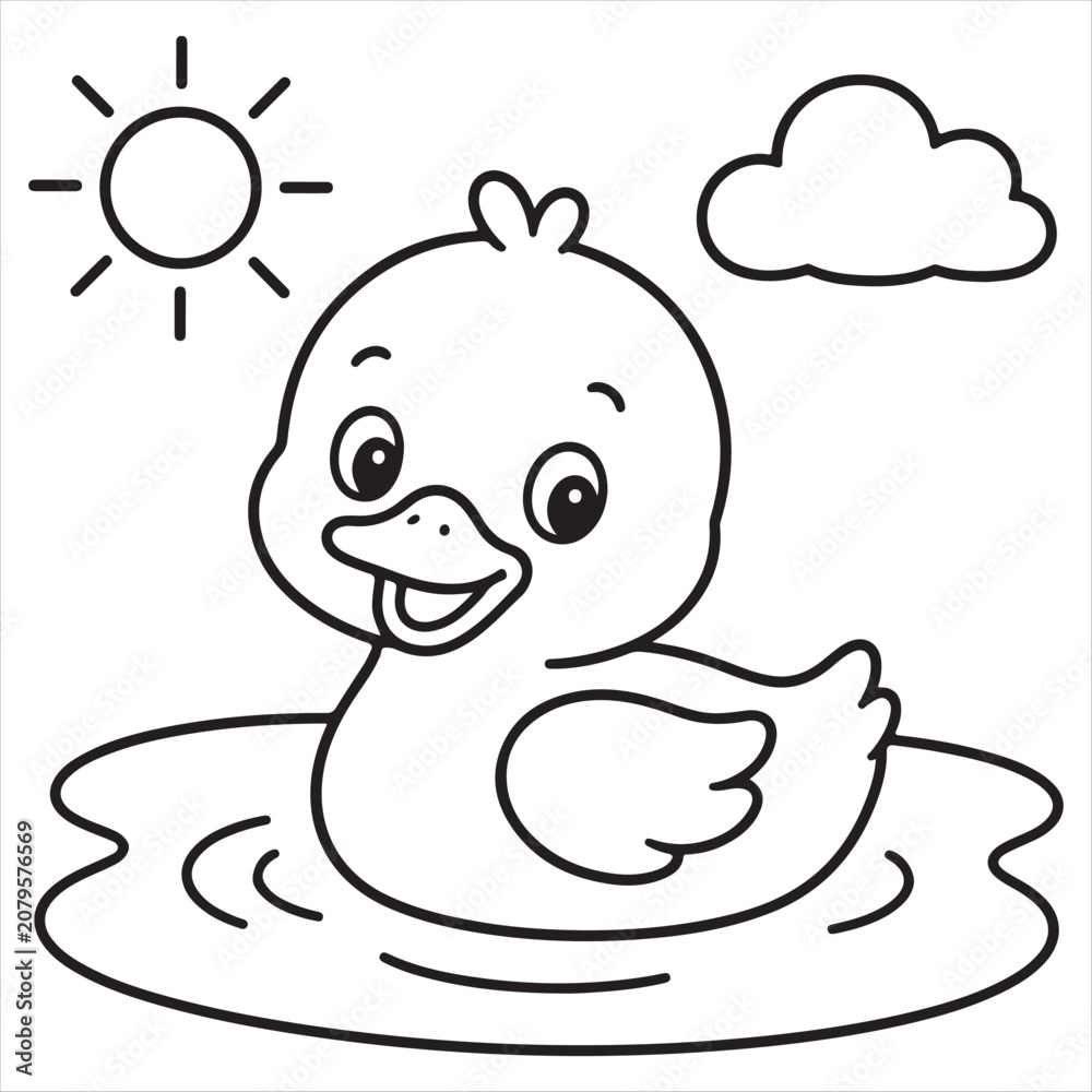 Fototapeta premium Cute Duckling Floating on Water in a Coloring Page Style