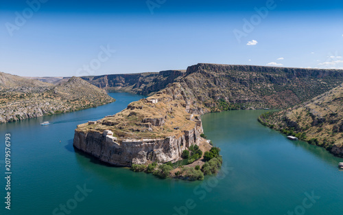 Aerial View of Rumkale Historic Fortress Surrounded by the Euphrates River in Gaziantep, Turkey