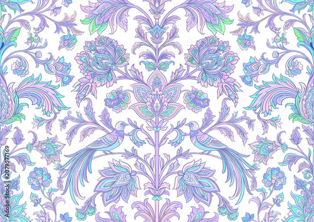 Fototapeta premium Vintage damask seamless pattern with two birds, blooming flowers, curling branches and leaves, hand drawn vector illustration for wallpaper, textile and packaging design.