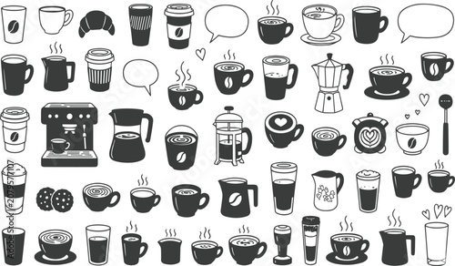 Konstfotografi Coffee icon set, hot espresso mug, takeaway paper cup, breakfast croissant baker