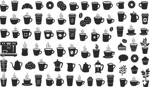 Konstfotografi Coffee icon set, hot espresso mug, takeaway paper cup, breakfast croissant baker