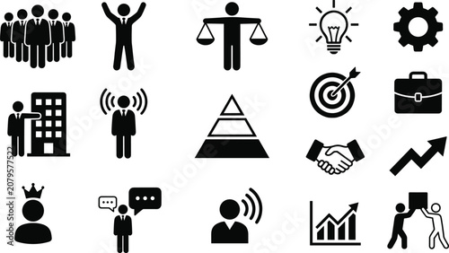 Business strategy and corporate management vector icon set featuring teamwork leadership success and financial growth symbols