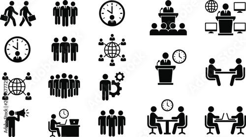 Business and management vector icon set featuring corporate teamwork human resources office workflow and time management symbols