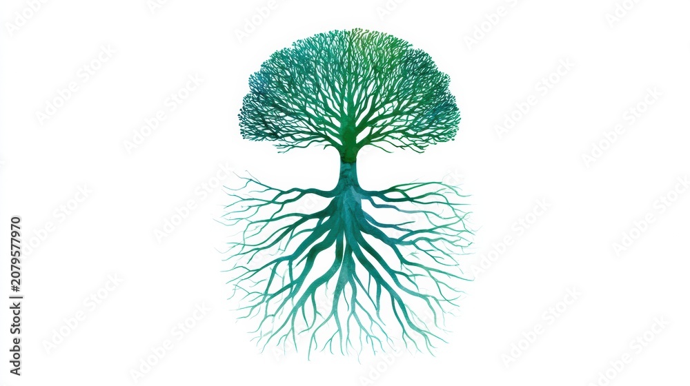 Fototapeta premium This artwork illustrates the vagus nerve as the roots of a tree connecting the brain to the organs, using organic shapes and colors.