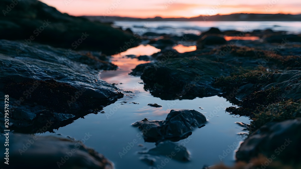Obraz premium A peaceful close up view of tide pools reflecting vibrant sunset colors at dusk creating a serene and calm ambiance