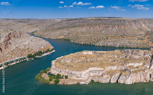 Aerial View of Rumkale Historic Fortress Surrounded by the Euphrates River in Gaziantep, Turkey