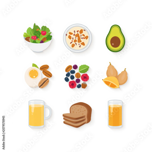 Healthy Breakfast and Diet Food Vector Icons Set Isolated on White Background