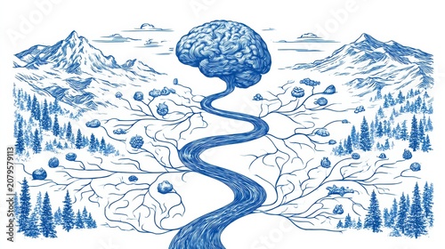 Vagus Nerve Depicted as a River System With Brain as Mountain Source and Organs as River Towns in an Abstract Illustration