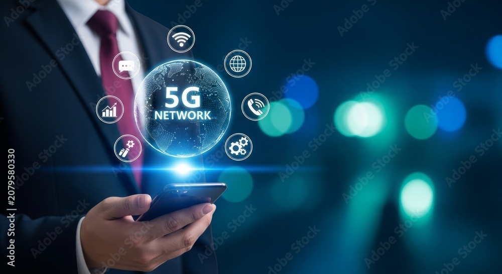 Fototapeta premium Businessman using smartphone with 5g network digital hologram global connectivity
