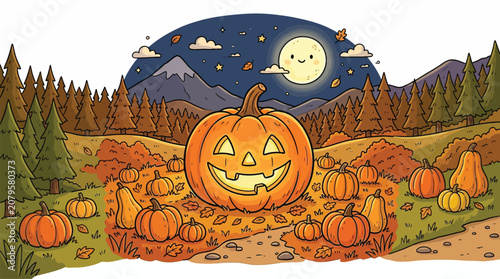A smiling jack-o-lantern sits in a pile of leaves surrounded by pumpkins in a field under a full moon.