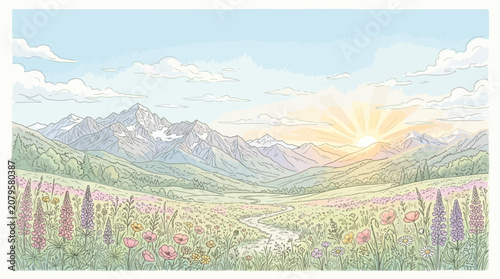 Sunset over mountain range with colorful wildflower field