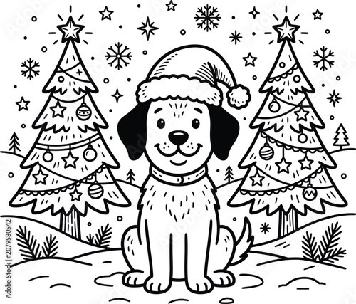 Smiling dog in Santa hat sitting between Christmas trees