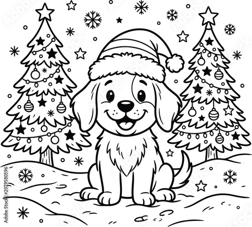A smiling dog wearing a Santa hat sits between two decorated Christmas trees in a snowy scene.