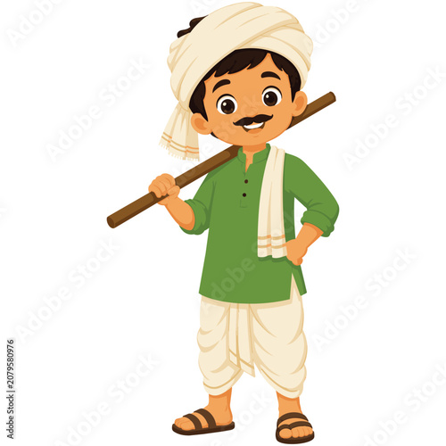 Smiling Indian Farmer Carrying Hoe Cartoon Character Flat Vector Illustration