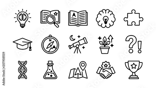 Set of black line icons representing education science school learning and academic research concepts on a simple layout