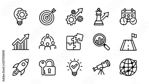 Set of business and strategy icons for management, planning, and growth in a simple black and white line art style