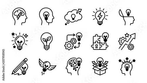 Collection of creative light bulb icons representing innovation brainstorming and business strategy in a simple line art style