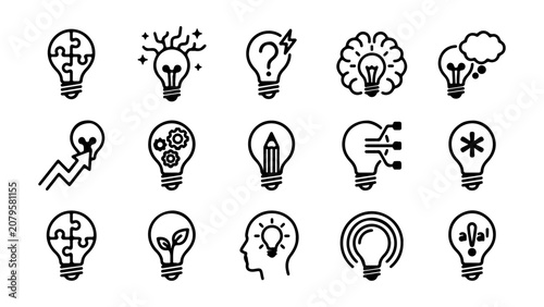 Set of black line icons featuring light bulbs and creative thinking concepts for business innovation and problem solving
