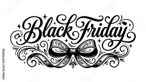 Black friday hand lettered text with a decorative bow and elegant swirls for holiday seasonal shopping sale promotion