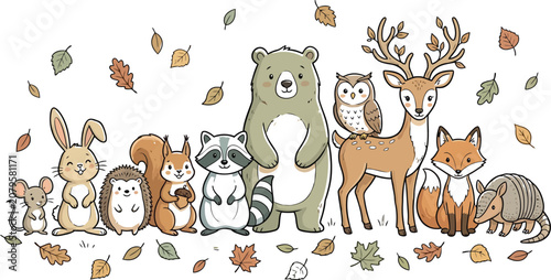 Woodland animals standing together in autumn leaves