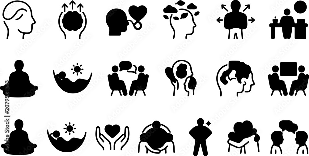 Fototapeta premium Set of mental health and psychology themed solid black vector icons