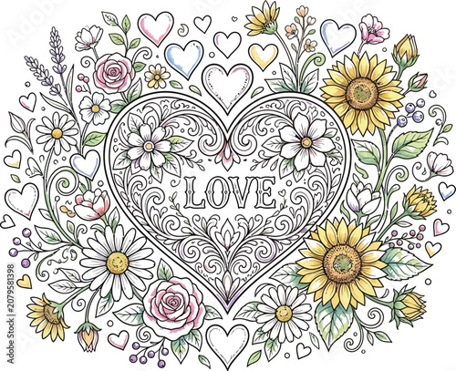 A heart shaped floral design with the word love surrounded by flowers and hearts