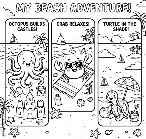 Beach Adventure Coloring Page with Sea Creatures