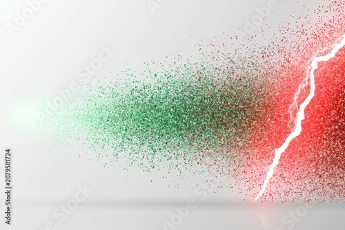 Contrast Between Small Sparkling Green Glimmer and Sharp Red Lightning Trigger on a White Background Showing Opposite Cues in Visual Representation