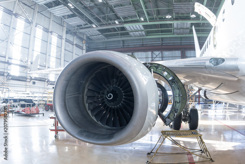 Quadro su tela Close-up of an open high bypass turbofan aircraft engine of a passenger plane in