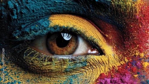 Close-up of an eye covered in vibrant Holi colors. Person blinking amidst colorful powder pigments. Indian festival of colors celebration