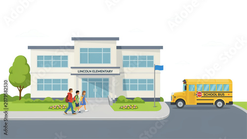 School bus picking up children in front of a modern building with a yellow school bus icon Vector