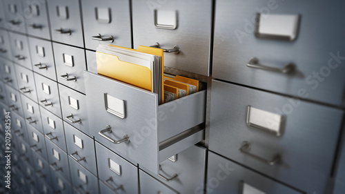 Filing cabinet with a single yellow folder in an open drawer. 3D illustration