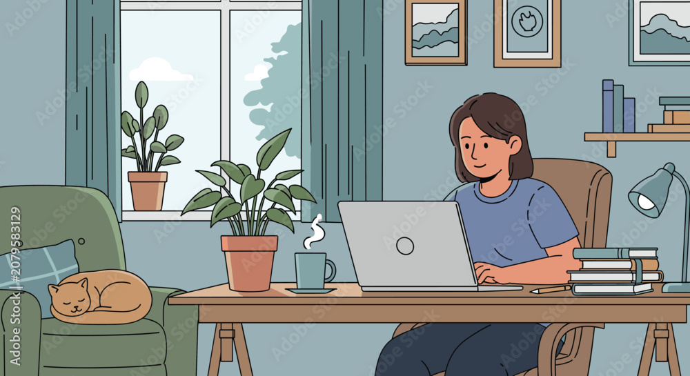 Fototapeta premium Flat illustration of person sitting at desk hesitating before decision, hand on chin, laptop open but idle, sticky notes blank on desk, remote worker, freelance, work from home, work from anywere,