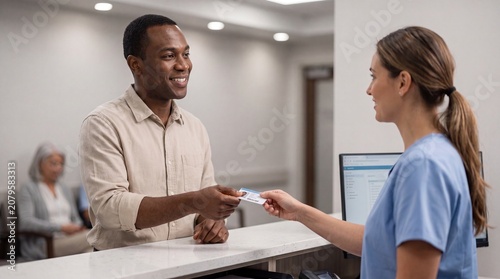 A man smiles while handing his medical insurance ID card to a female receptionist at a hospital or clinic front desk, with a patient waiting in the background.