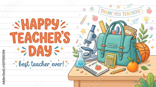 Happy teacher day illustration school supplies appreciation banner