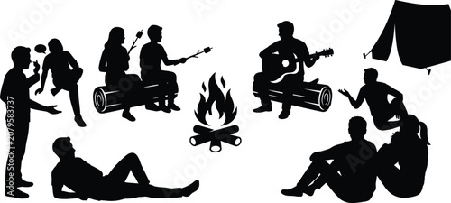 Camping and outdoor leisure silhouette illustration featuring people around campfire, tent, and guitar music scene