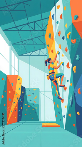 A young woman climbing a colorful artificial rock wall inside a modern indoor climbing gym