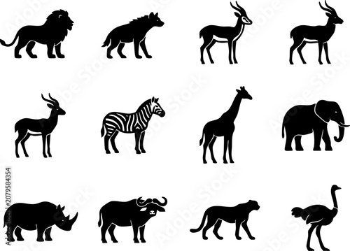 Photography African savanna animals silhouettes set with lion giraffe elephant and zebra sil