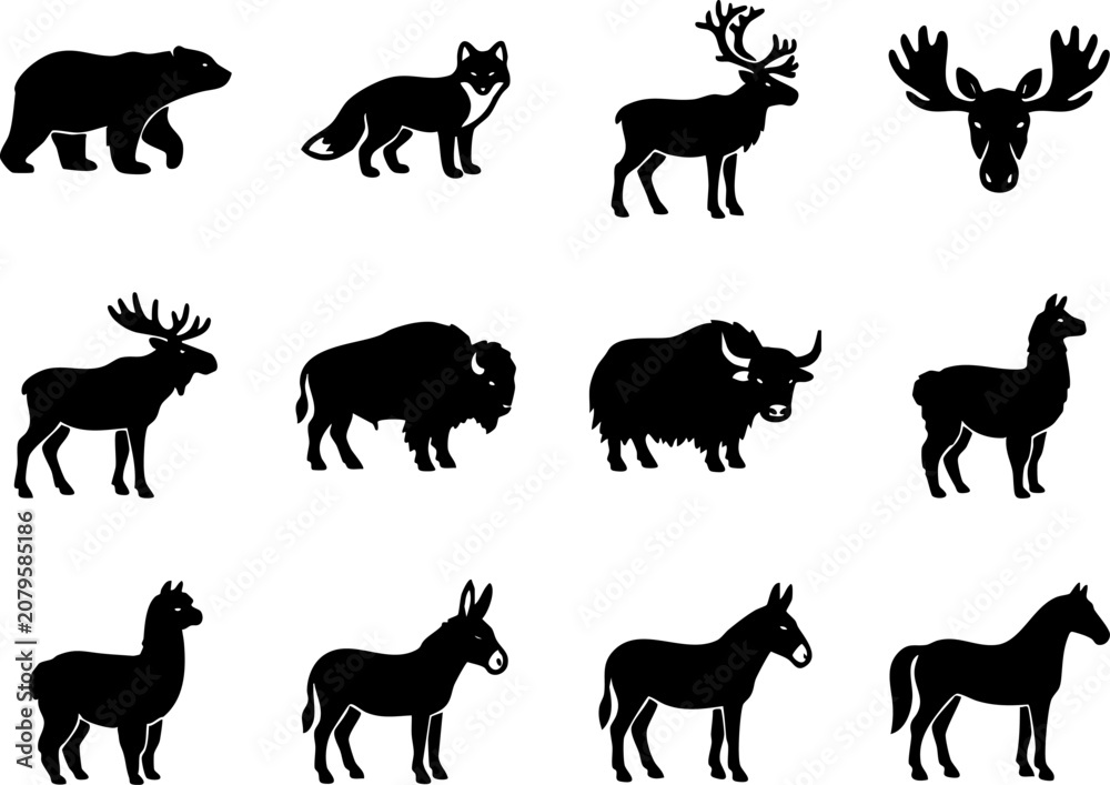 Fototapeta premium Wild forest animal and mammal silhouette vector set including bears deer livestock with silhouette