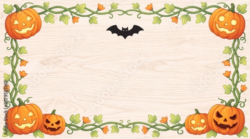 Whimsical Halloween frame decorated with carved pumpkins and trailing vines on a wooden background