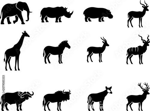 Photography Detailed black silhouettes of african savanna wild animals with elephant rhinoce
