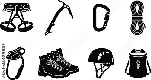 Mountaineering and rock climbing equipment silhouette icons including harness, ice axe, carabiner, rope, helmet, and boots