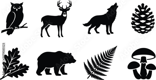 Forest wildlife and nature silhouette icons featuring owl, deer, wolf, bear, pine cone, leaves, fern, and mushrooms