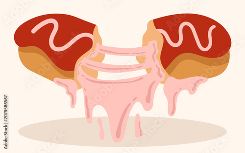 Sweet Glazed Eclair Pastry Pulling Apart with Gooey Pink Filling Illustration