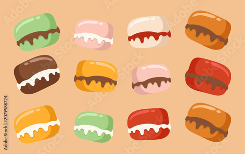 Colorful French Macarons Pastry Flat Collection Set