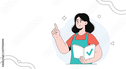 Happy woman wearing an apron points her finger upward and holds an open notebook with a green checkmark, indicating a successfully completed task.