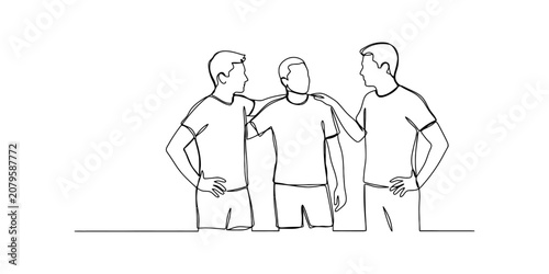 Obraz na plátně Three men standing together as friends in a continuous single line drawing style