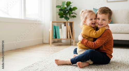 Toddler girl hugging her older brother in a bright living room. Happy siblings showing affection and laughing together at home